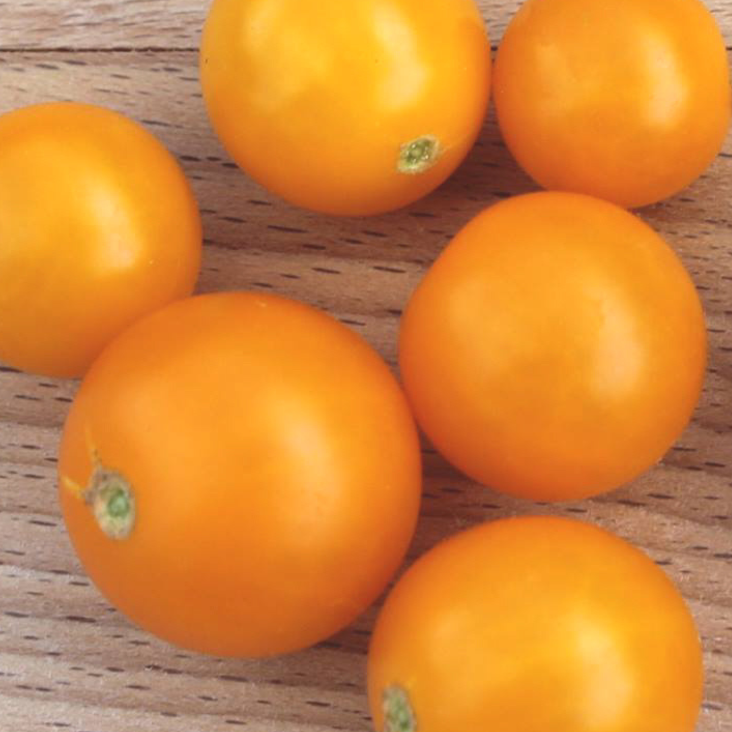 Close-up of ripe Pinocchio micro dwarf orange cherry tomatoes displayed on a wooden board.