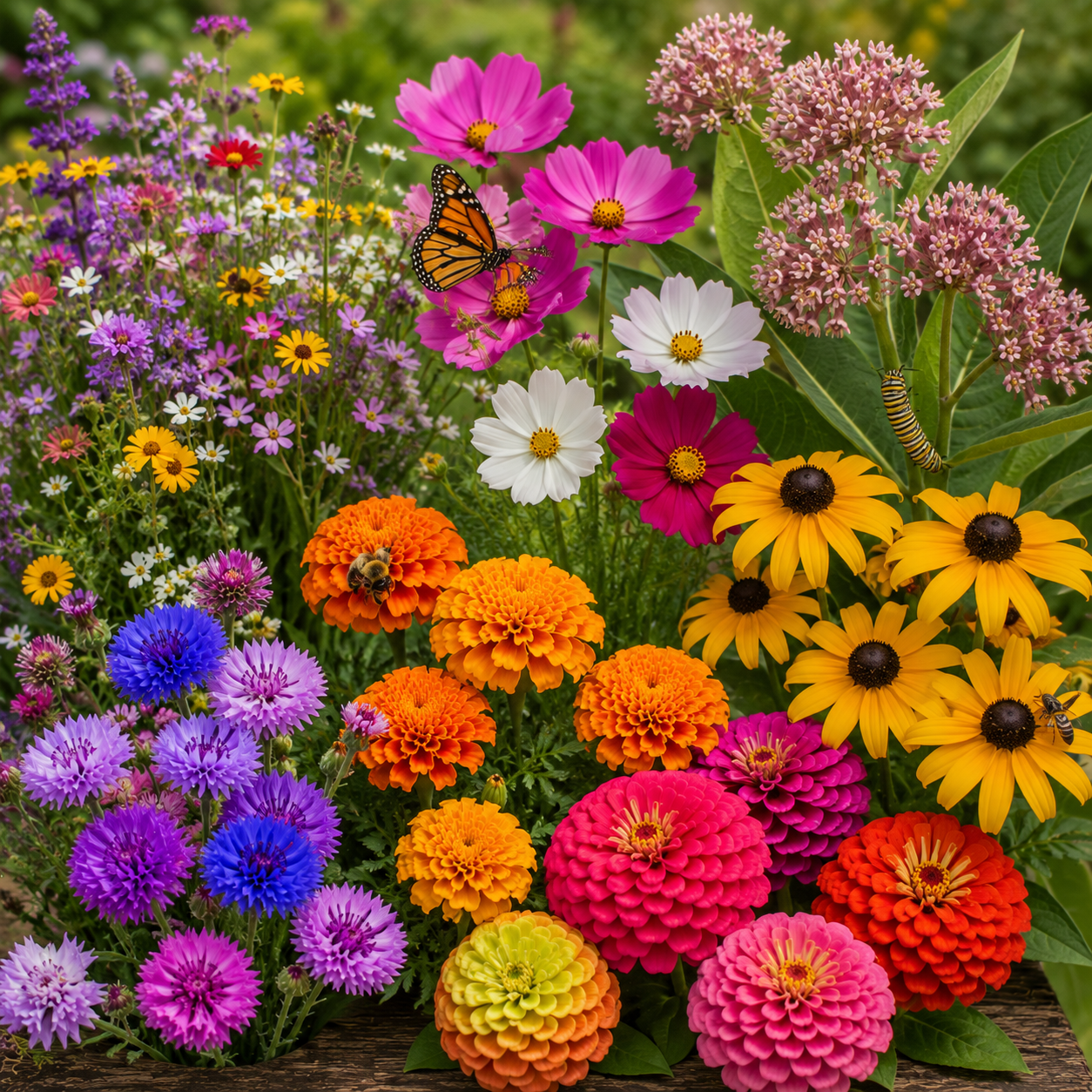 Colorful pollinator garden featuring zinnias, cosmos, milkweed, black-eyed susans, marigolds, bachelor's buttons, and butterfly-friendly flowers in bloom.