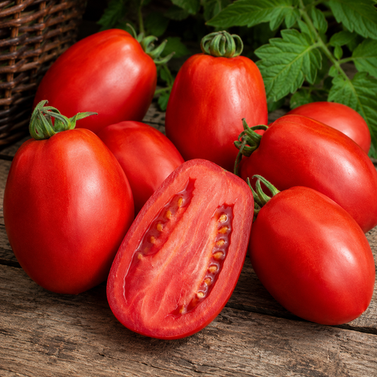 Large ripe Amish Paste heirloom tomatoes on a rustic wooden table with one tomato sliced open to show its meaty flesh and few seeds.