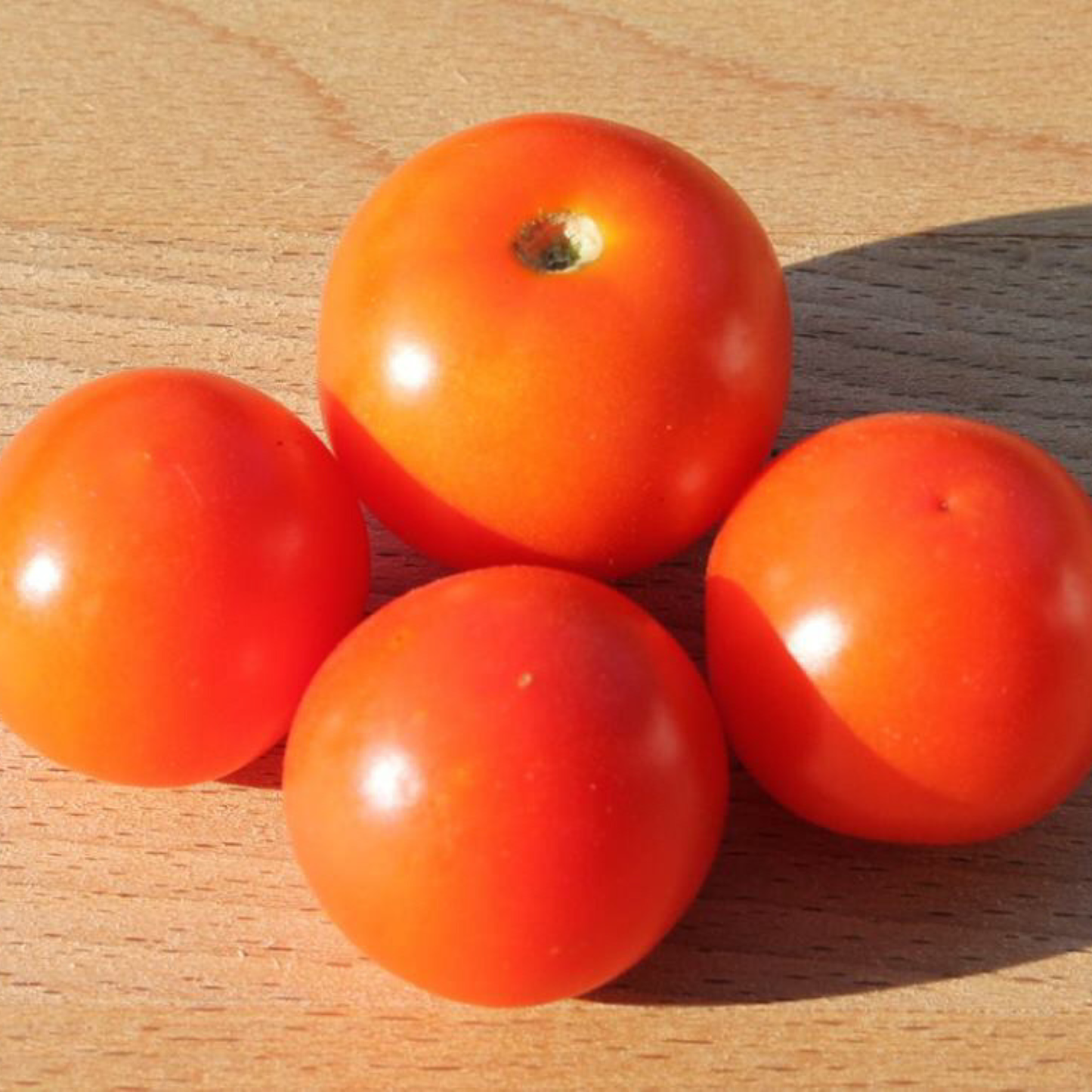 Close-up of ripe Andrina micro dwarf cherry tomatoes displayed on a wooden table.