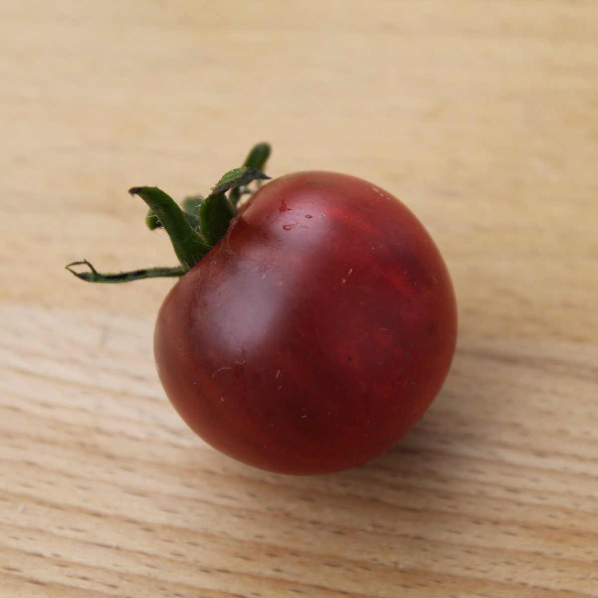  Cherry heirloom tomatoes with dark mahogany-purple fruits on a wooden surface. 