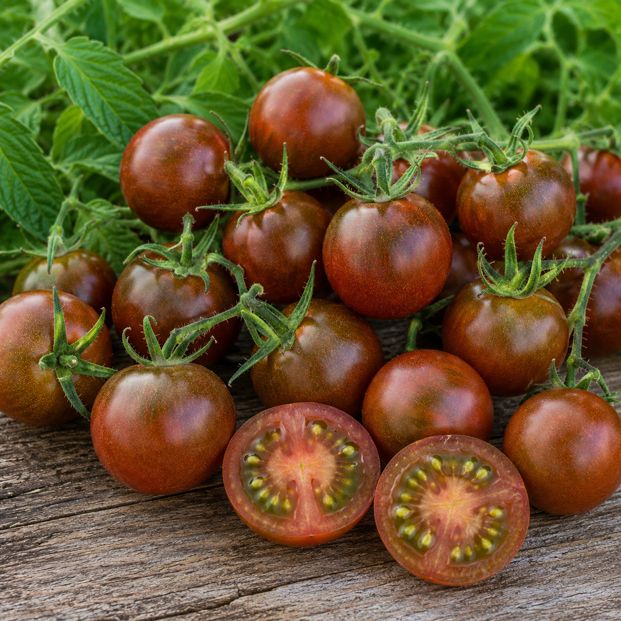 Clusters of Black Cherry heirloom tomatoes with dark mahogany-purple fruits growing on the vine.