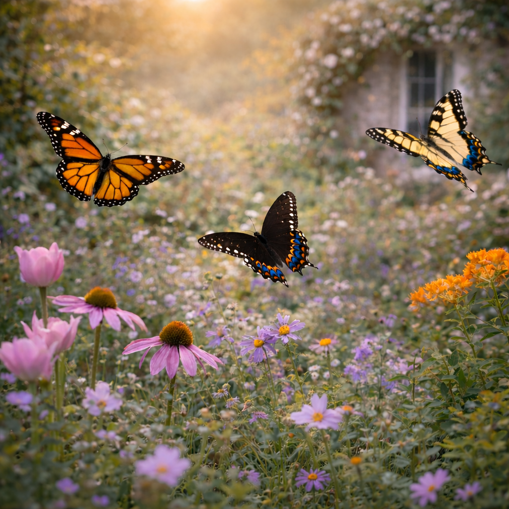 Butterflies flying over a field of flowers with a house in the background