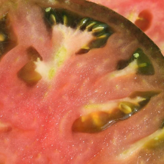 Close-up of sliced Blackberry heirloom tomato showing pink flesh with green seed cavities.