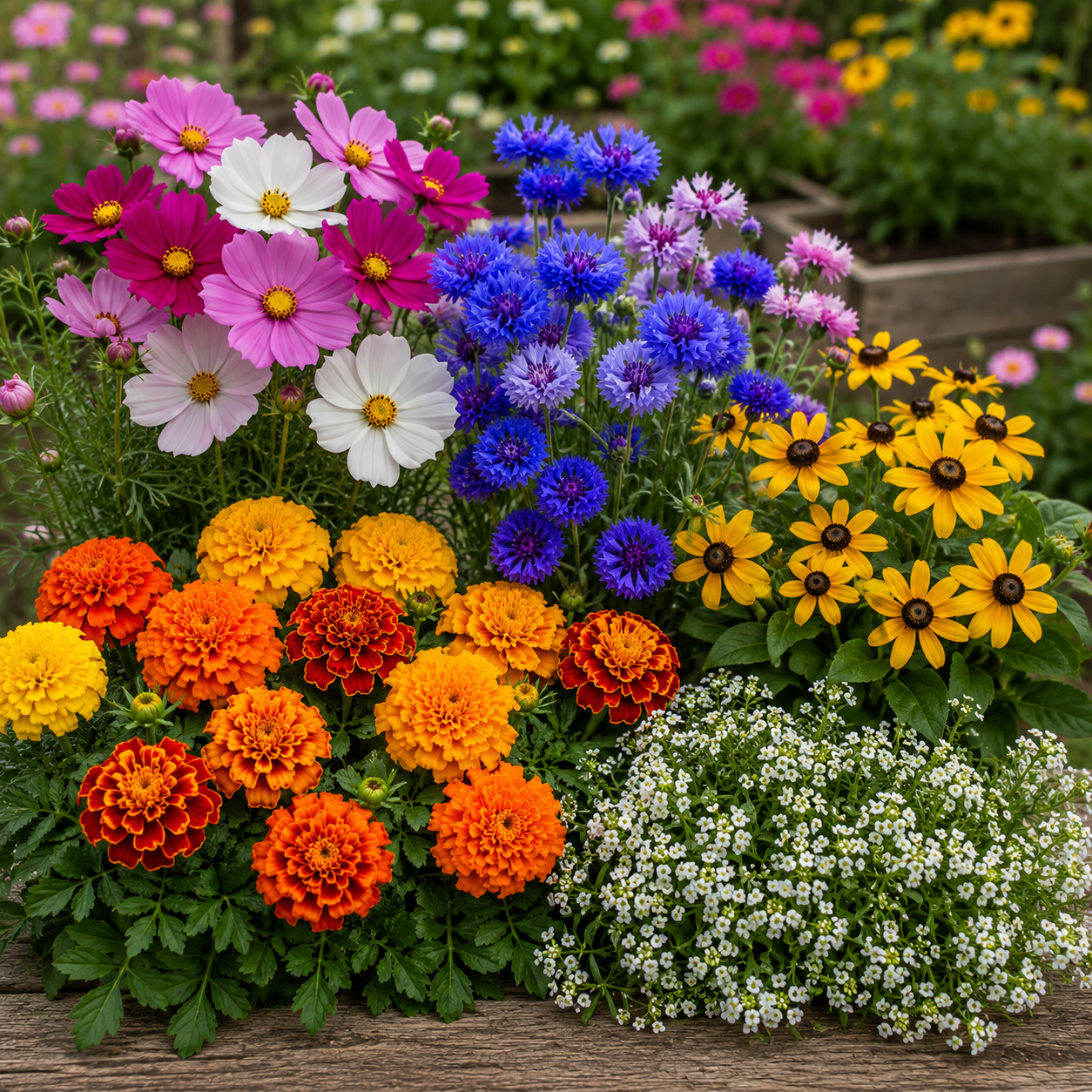 Easy-to-grow flower garden featuring Crackerjack marigolds, cosmos, bachelor's buttons, alyssum, and black-eyed susans in full bloom.