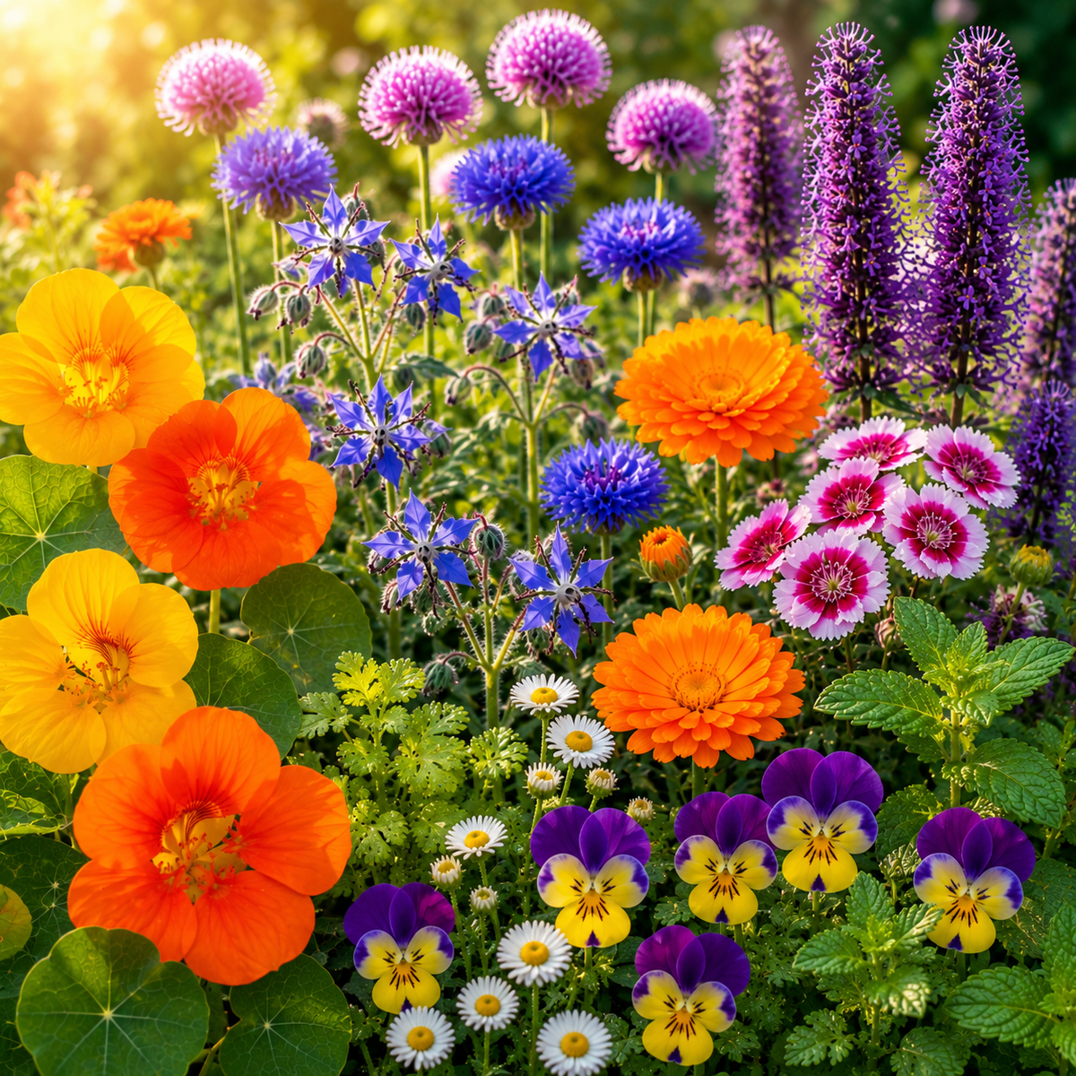 Colorful edible flower mix blooming in a garden
