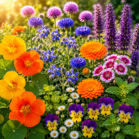 Edible Flower Seed Mixture with colorful nasturtiums, calendula, borage, pansies, and other edible flowers