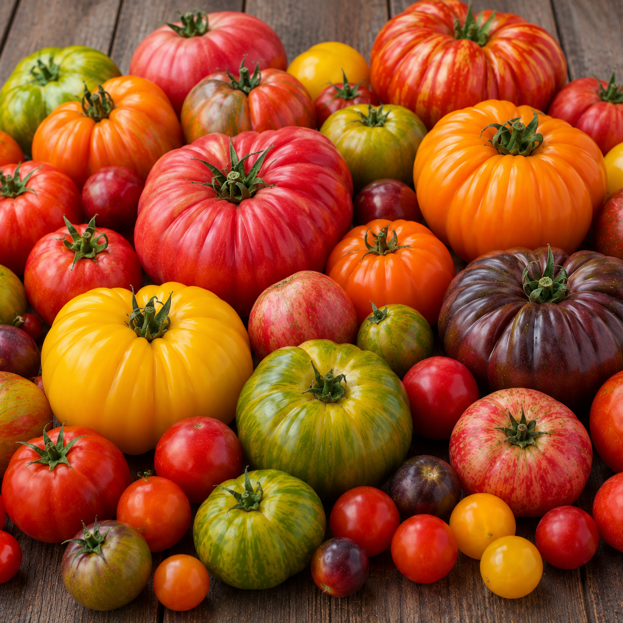 Rainbow Blend Heirloom Tomato Mix featuring colorful heirloom tomatoes in a variety of sizes, shapes, and colors including red, pink, yellow, orange, green, purple, and striped varieties.