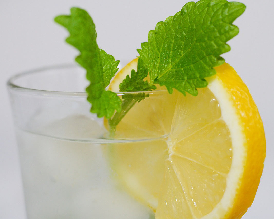 Lemon balm leaves in a glass with lemon
