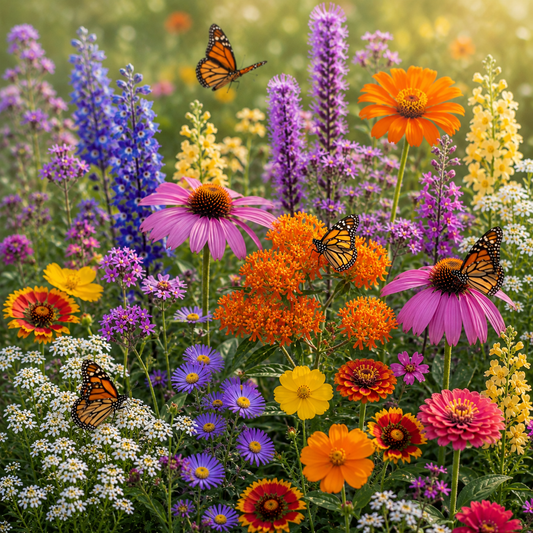 Monarch Butterfly Garden Seed Mix with cosmos, coneflowers, and colorful pollinator-friendly flowers