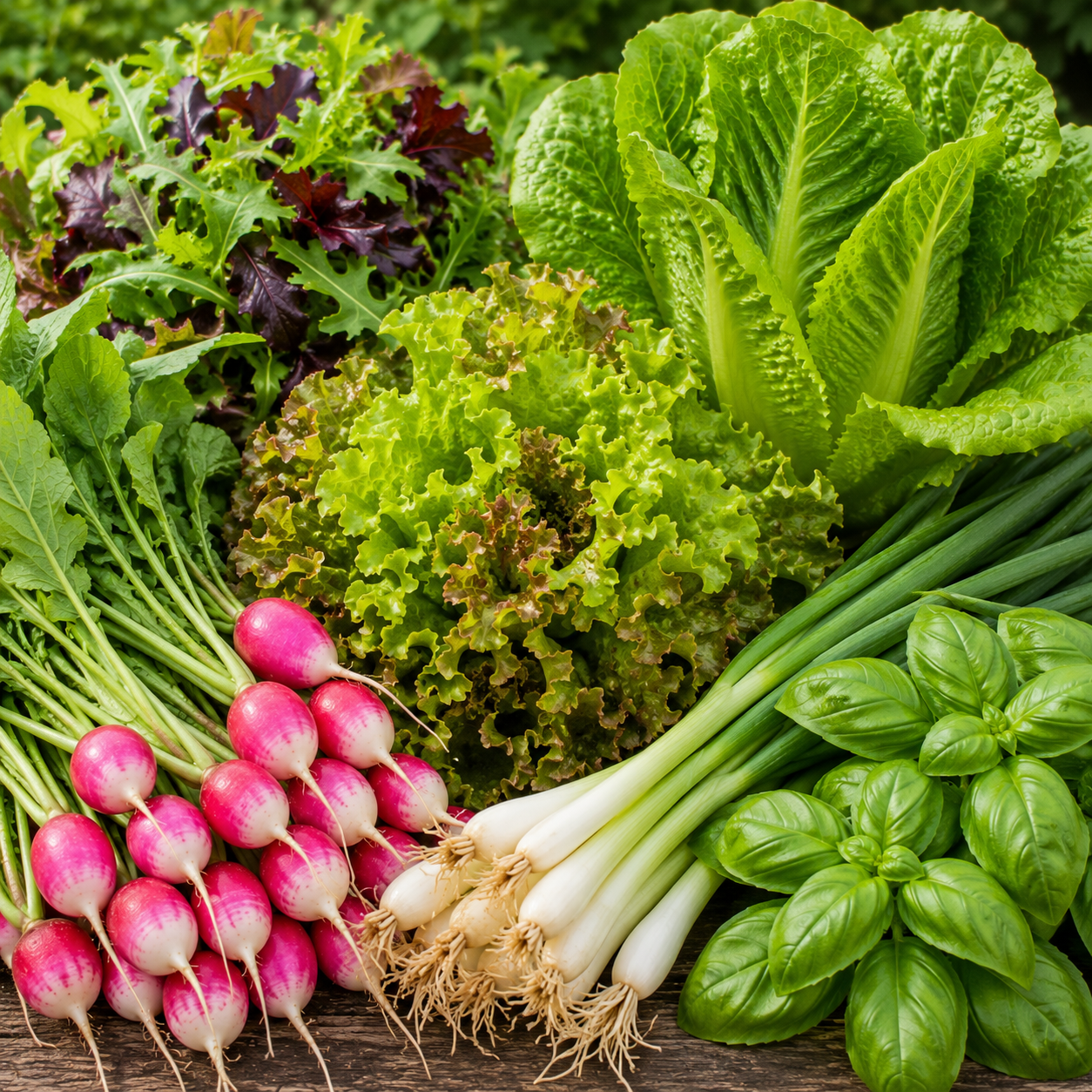 Fresh salad garden harvest featuring mixed greens, romaine lettuce, Grand Rapids lettuce, bunching onions, basil, and colorful radishes.