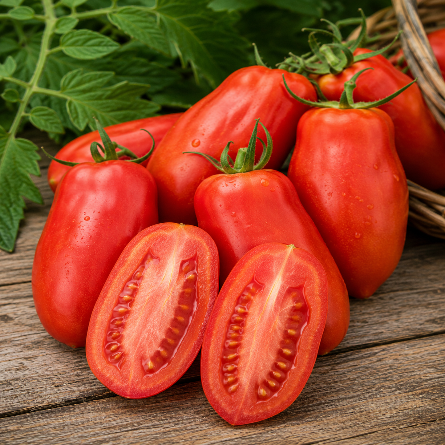 Ripe San Marzano heirloom paste tomatoes with elongated red fruits and meaty flesh displayed on a rustic wooden surface with fresh garden foliage.