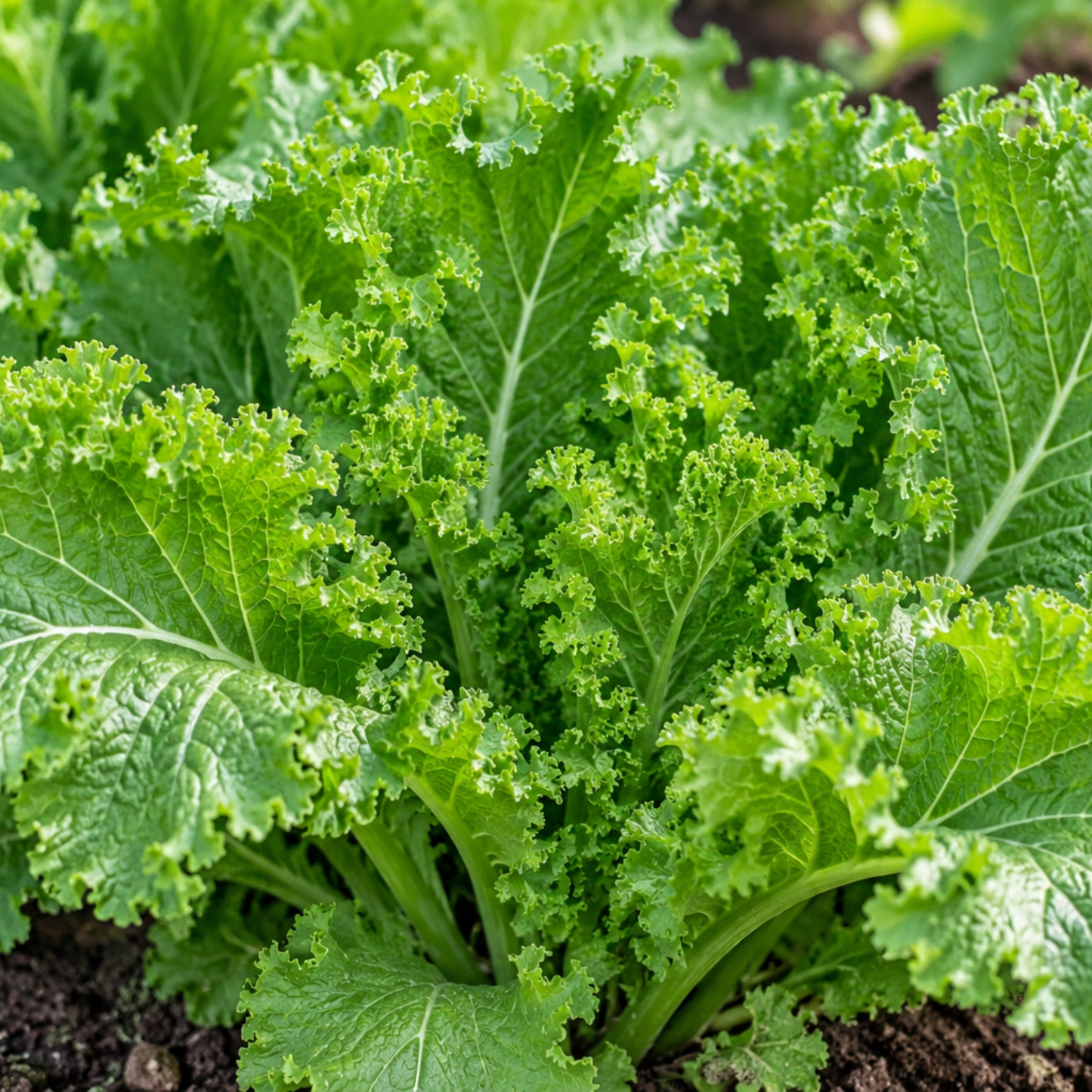 Southern Giant Curled mustard greens growing with large bright green ruffled leaves