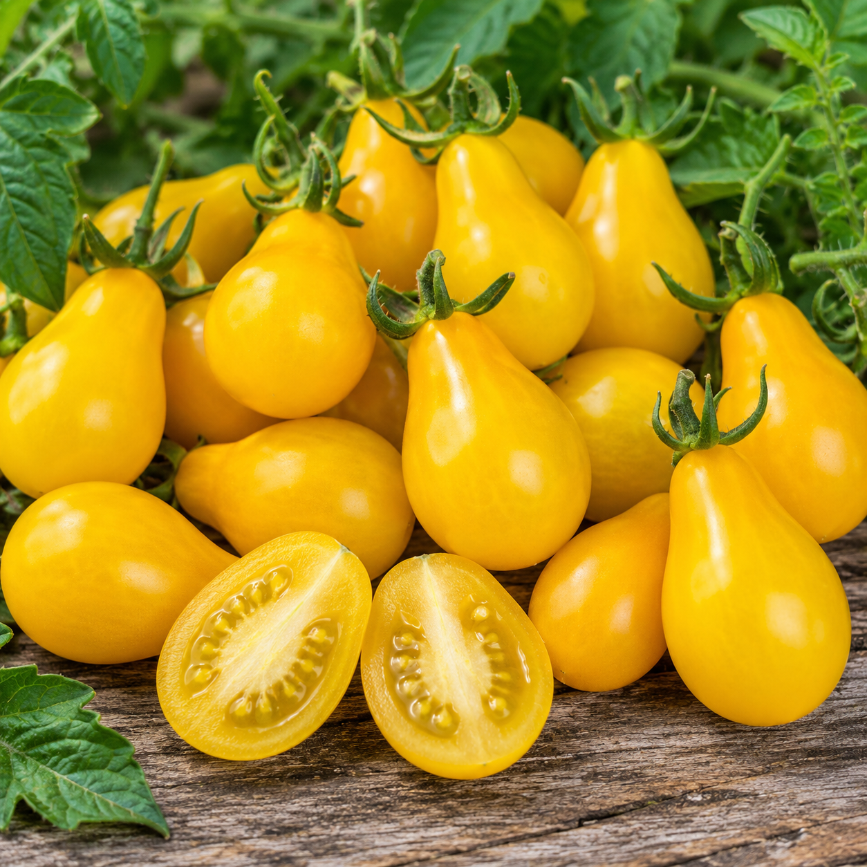 Clusters of bright yellow Yellow Pear heirloom tomatoes with classic pear-shaped fruits displayed on a rustic wooden surface with garden foliage in the background.